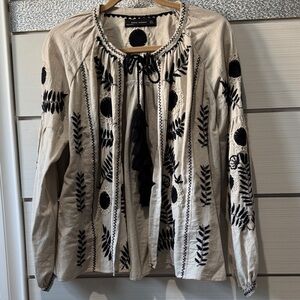 Zara Beige Peasant Blouse with Black Embroidery